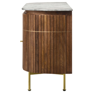 English Elm Feast Natural 4-door Sideboard Buffet Cabinet with White Marble Top, Mango Wood, Brass Inlay, 63" B062P342730