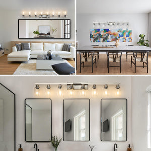 English Elm 51" Brushed Nickel 8-Light Bathroom Vanity Fixture with Clear Glass Shades, Modern Wall-Mount Lighting W2312P374798