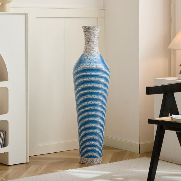 English Elm 39-Inch Tall Designer Floor Vase in Lake Blue PVC with Brushed Gold Accents for Dramatic Room Styling W2796P300933