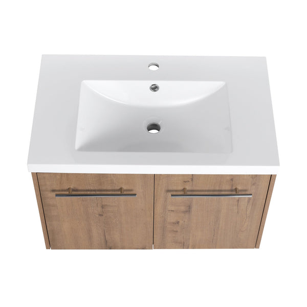 English Elm 30 30 Inch Soft Close Vanity with Resin Sink, Open Shelf Storage & Rust‑Resistant Metal Handles, KD-Pack W999P188194