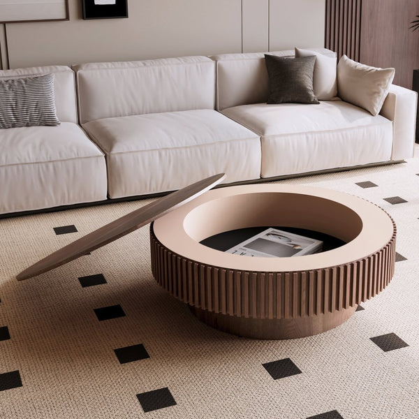 English Elm 39.37'' Round Lift-top Coffee Table Fluted Wood Veneer Hidden Storage Modern Living Room Walnut W1435P261921