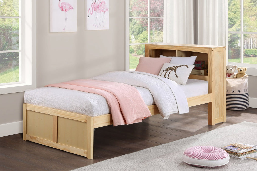 English Elm Modern Twin Platform Bed with Bookcase Headboard in Warm Natural Pine Wood Finish B011S02420