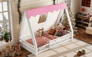 English Elm Twin Montessori Floor Bed Solid Pine Teepee Frame with Guardrails and Canopy Light W1580P369465