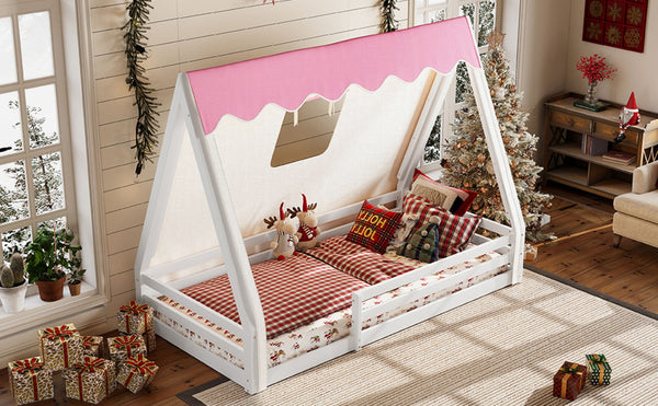 English Elm Twin Montessori Floor Bed Solid Pine Teepee Frame with Guardrails and Canopy Light W1580P369465