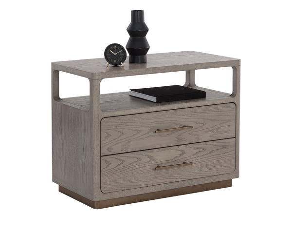 Sunpan Danette Nightstand - Minimalist Grey Oak Design with Warm Brass Hardware & Open Top Shelf for Decor