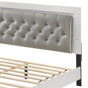 English Elm Grey Queen LED Bed with Padded Headboard, 12-Slat Support & Sturdy Legs for Comfort and Durability B062P215387