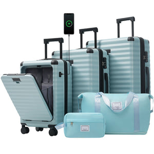 English Elm Luggage 5 Piece Abs Hardshell Travel Set with Usb Port Spinner Wheels and Tsa Lock Light Blue N732P265290N