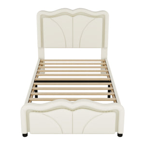 English Elm Twin Upholstered Platform Bed with Curved Headboard, Adjustable Heights, Sturdy Pine Frame, LED Accent Lights White WF323748AAK