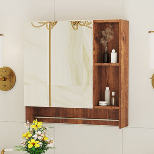 English Elm Bathroom Walnut Mirror Cabinet Wall Mounted with 4 Compartments, Towel Rack, HD Mirror, Moisture-Resistant W3226P325706