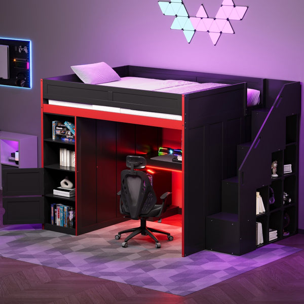 English Elm Gaming Full Loft Bed with Built-in Desk Led Lights and Storage for Teen Rooms N709P004103J