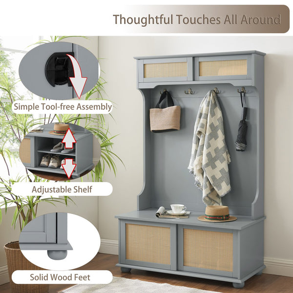 English Elm Clothes Hall Tree Storage Bench with Adjustable Shelves, Sliding Doors, Solid Poplar Feet & Shoe Bench Gray W2275P210041
