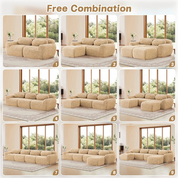English Elm 114''soft Plush Modular Sectional Sofa with Cloud Cushions for Living Room Theater Light Khaki W714S01567