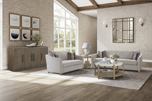 English Elm Loveseat Sand Upholstered with 3 Down Pillows, Sinuous Springs, High-Density Foam & Reversible Cushions B2699P298414