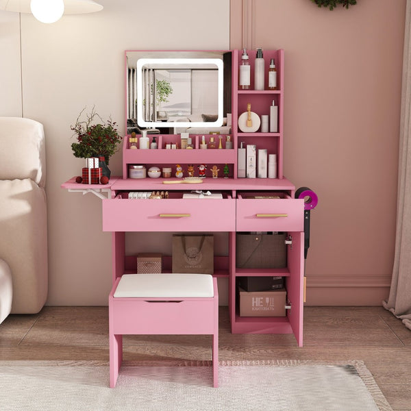 English Elm Vanity Desk with Led Mirror Power Station 3 Drawers Shelves and Makeup Stool W2700P342539