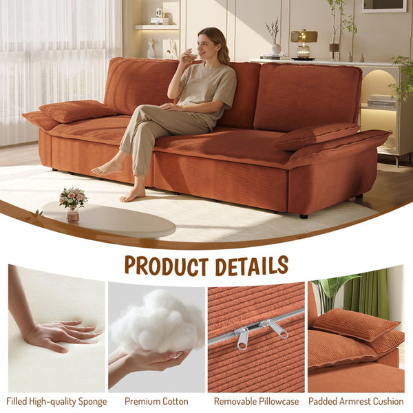 English Elm 94.5" King Convertible Sleeper Sofa Corduroy Upholstered Chaise Lounge Guest Room Bed Orange W1885S00307