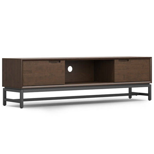 English Elm Banting 72 inch Low TV Stand in Walnut Brown – Solid Rubberwood, Metal Base, Storage, Cord Management B136P203489