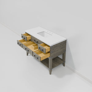 English Elm Grey Oak Single Bath Vanity With White Quartz Top - 48” W, Stylish Storage & Easy Maintenance! B2731P260227