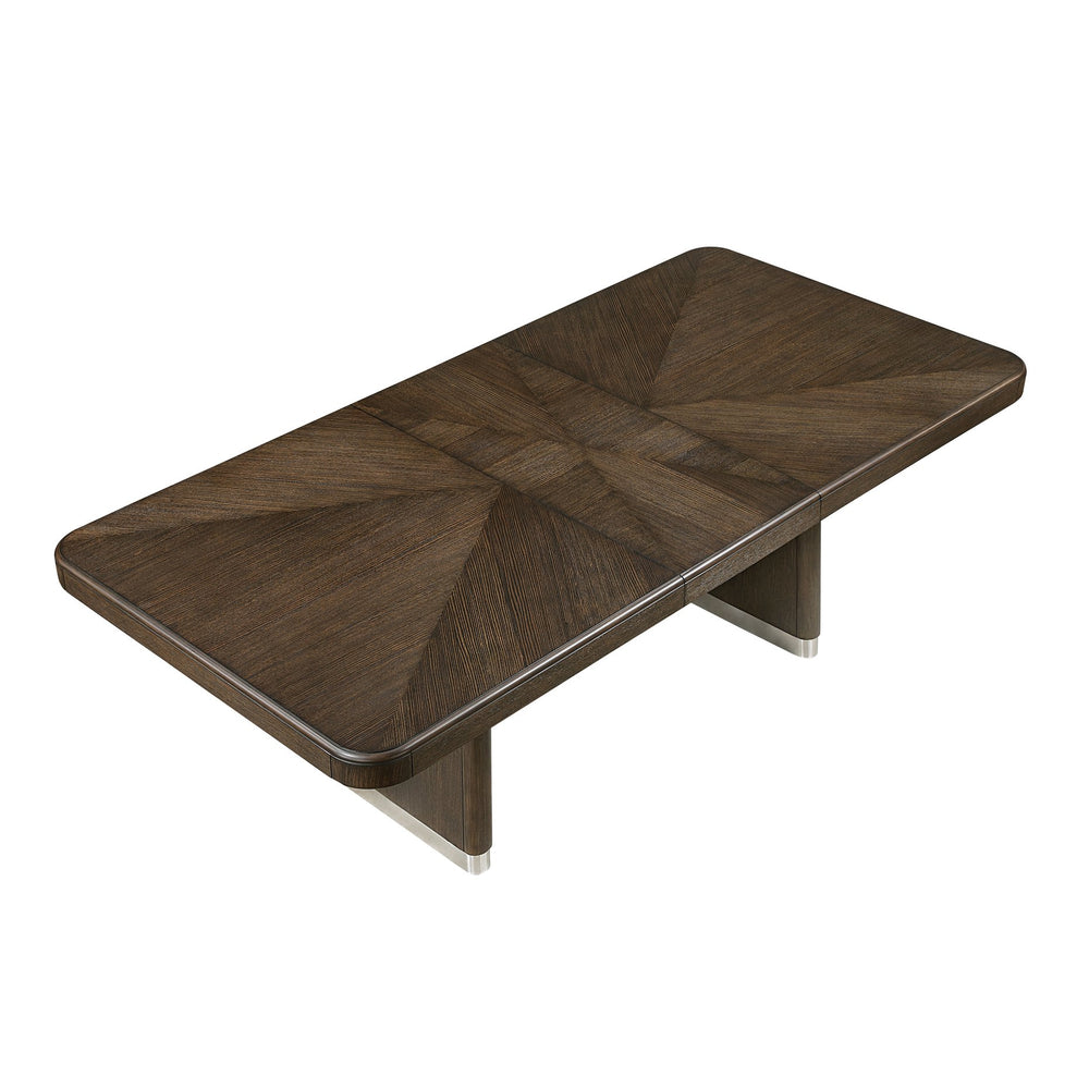 English Elm Modern Extendable Rectangular Dining Table with Oak Veneer, Wire-Brushed Brown Finish & Metallic Base - Seats 6 B011S01900