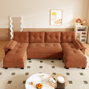 English Elm 104.7" U-Shaped Sleeper Sofa with Pull-Out Bed, Convertible Modular Sectional with Chaise, USB Ports, Chenille Upholstery Orange W1885S00213