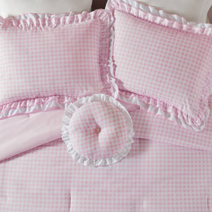 English Elm 4-piece Gingham Ruffle Comforter Set Romantic Cottage Bedroom Brushed Polyester Fill Pink B035P463188