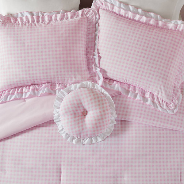 English Elm 4-piece Gingham Ruffle Comforter Set Romantic Cottage Bedroom Brushed Polyester Fill Pink B035P463188