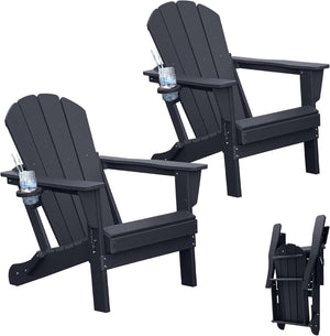 English Elm Adirondack Hdpe Folding Chair Set Outdoor Patio Fire Pit Seating with Cup Holder Black W1859P453299