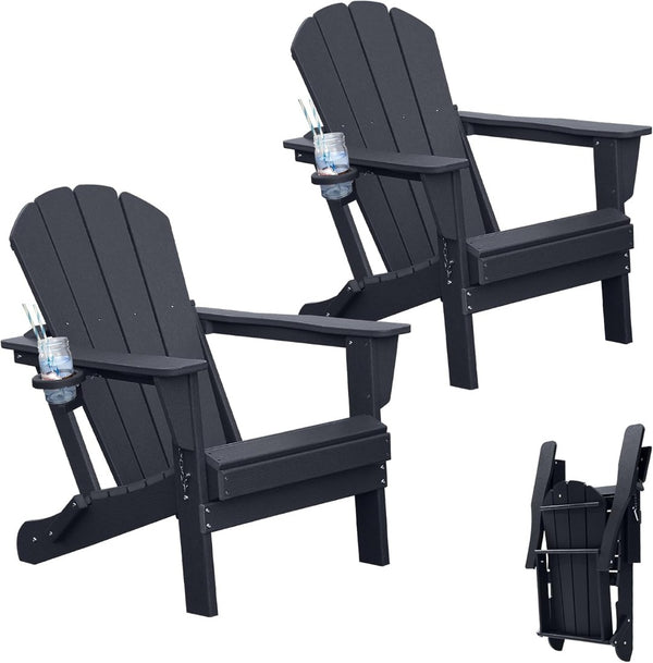 English Elm Adirondack Hdpe Folding Chair Set Outdoor Patio Fire Pit Seating with Cup Holder Black W1859P453299