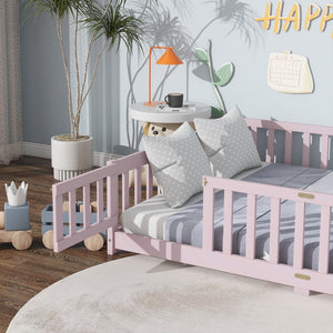 English Elm Full Size Floor Bed With Safety Guardrails – Stylish Pink Rubberwood Bed For Cozy, Secure Sleep W504P286383