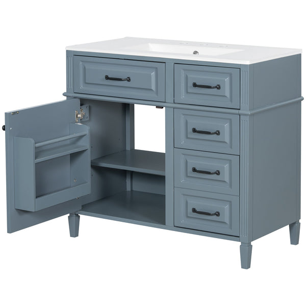 English Elm 36-Inch Modern Bathroom Vanity With Ceramic Sink Top, Storage Drawers, And Stylish Blue Gray Finish N725P350849E