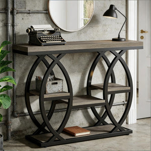 English Elm Hall Console Table Faux Marble Top Gold Geometric Base Modern Entryway Accent T3971P453217