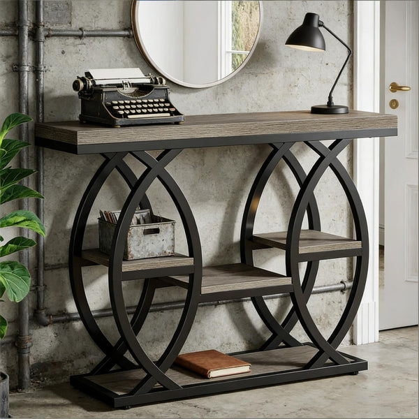 English Elm Hall Console Table Faux Marble Top Gold Geometric Base Modern Entryway Accent T3971P453217