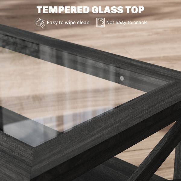 English Elm HOMCOM Modern Farmhouse Glass Coffee Table with Tempered Top, Lower Storage Shelf & X-Frame Design Black W2225P229136