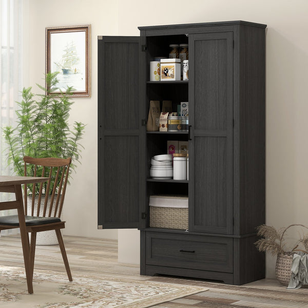 English Elm HOMCOM 67" Freestanding Kitchen Pantry Cabinet with 4 Doors, 6-Tier Adjustable Shelves, Rustic Charm Black W2225P249925
