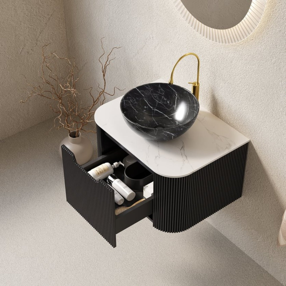 English Elm Dina Floating Bathroom Vanity with Sintered Stone Top and Crystal Glass Basin White+Black W2615S00263