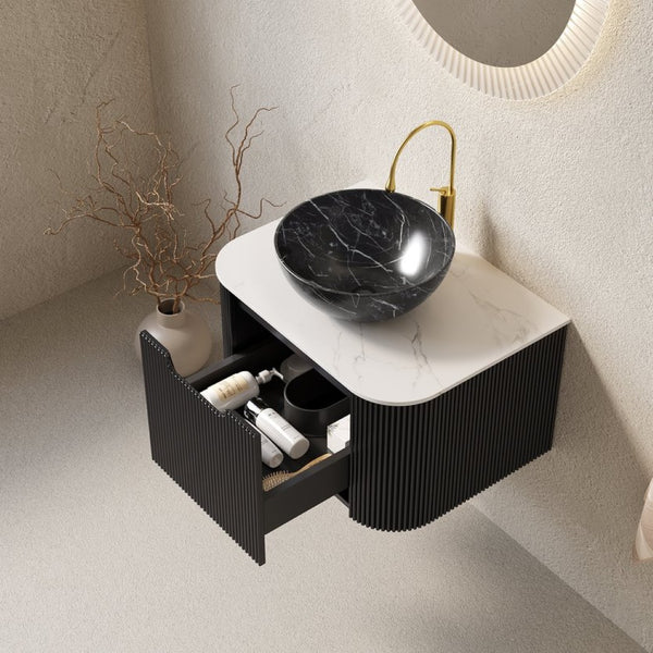 English Elm Dina Floating Bathroom Vanity with Sintered Stone Top and Crystal Glass Basin White+Black W2615S00263