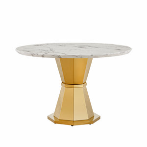English Elm 47" Round Marble Dining Table - Luxurious High Gloss Faux Marble Top & Stainless Steel Base For Modern Spaces W3456S00005