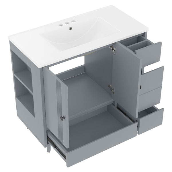 English Elm 36" Freestanding Bathroom Vanity Solid Wood Cabinet Ceramic Basin Four Drawers White W1580P382509