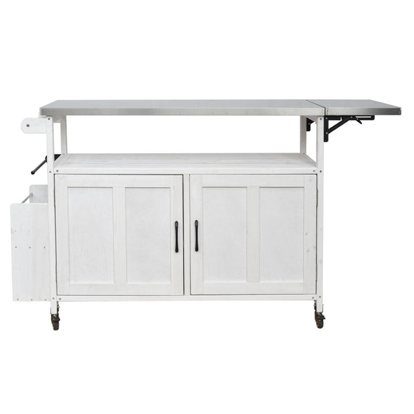 English Elm Foldable Outdoor Kitchen Cart with Stainless Worktop Fir Wood Frame and Lockable Wheels White N719P380279K