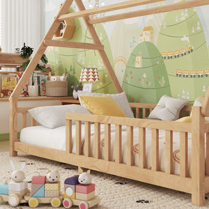 English Elm Full House Kids House Bed with Roof & Fence, Low Floor Solid Pine Frame, Stylish Nightlight Ready Natural 80.91 L x 15.55 W x 6.5 H W2593P296922