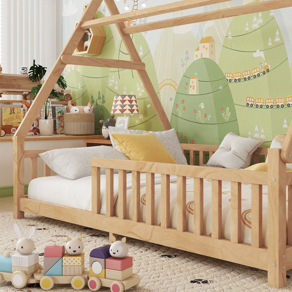 English Elm Full House Kids House Bed with Roof & Fence, Low Floor Solid Pine Frame, Stylish Nightlight Ready Natural 80.91 L x 15.55 W x 6.5 H W2593P296922