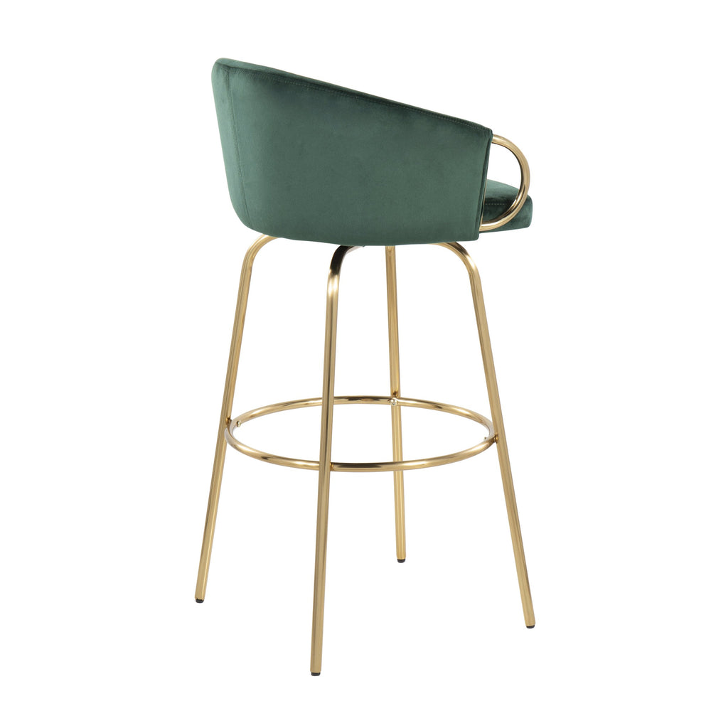 English Elm Claire Glam 30" Fixed-Height Velvet Bar Stool with Gold Metal Legs, Swivel Seat & Round Footrest Green B202S00504
