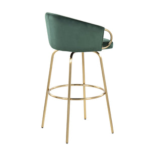 English Elm Claire Glam 30" Fixed-Height Velvet Bar Stool with Gold Metal Legs, Swivel Seat & Round Footrest Green B202S00504