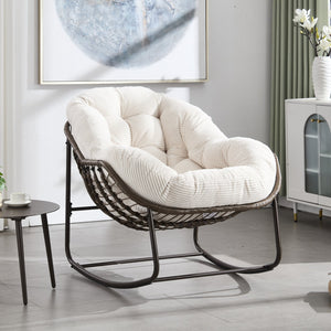 English Elm Outdoor Rattan Rocking Chair Oversized Hand-Woven Patio Egg Recliner with Plush Cushion Comfortably Rocking White W640P271521