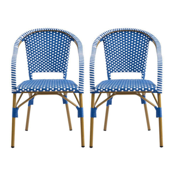 English Elm Outdoor Woven Rattan Bistro Armchairs Set of 2 Aluminum Frame Patio Cafe Seating Blue,Natural+White N768P386559N