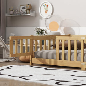 English Elm Twin Rubberwood Montessori Floor Bed with Safety Guardrails for Toddler Bedrooms W504P370521