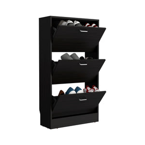 English Elm Inola Triple-Tier Pull-Down Shoe Rack Black Wengue — Slim Entryway Storage, Ventilated, Scratch-Resistant B200P361995