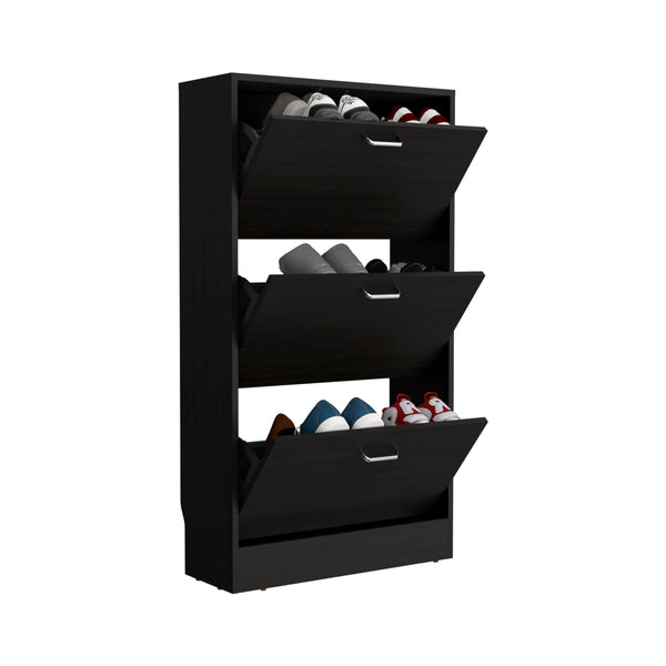 English Elm Inola Triple-Tier Pull-Down Shoe Rack Black Wengue — Slim Entryway Storage, Ventilated, Scratch-Resistant B200P361995