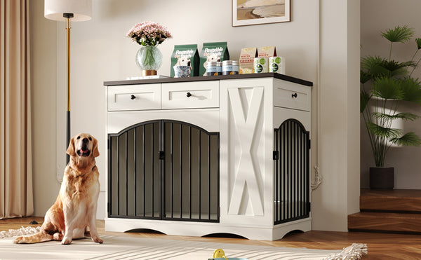 English Elm Go Farmhouse White Wood Dog Crate End Table with Three Drawers and Iron Door Panels N704P338959K