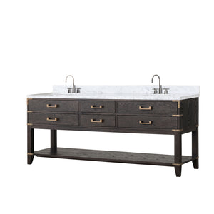 English Elm Brown Oak 80" Double Bath Vanity with Polished Carrara Marble Top, Soft-Close Drawers & Chrome Faucet Set B2731P260333