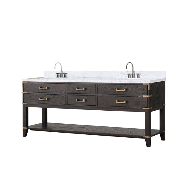 English Elm Brown Oak 80" Double Bath Vanity with Polished Carrara Marble Top, Soft-Close Drawers & Chrome Faucet Set B2731P260333